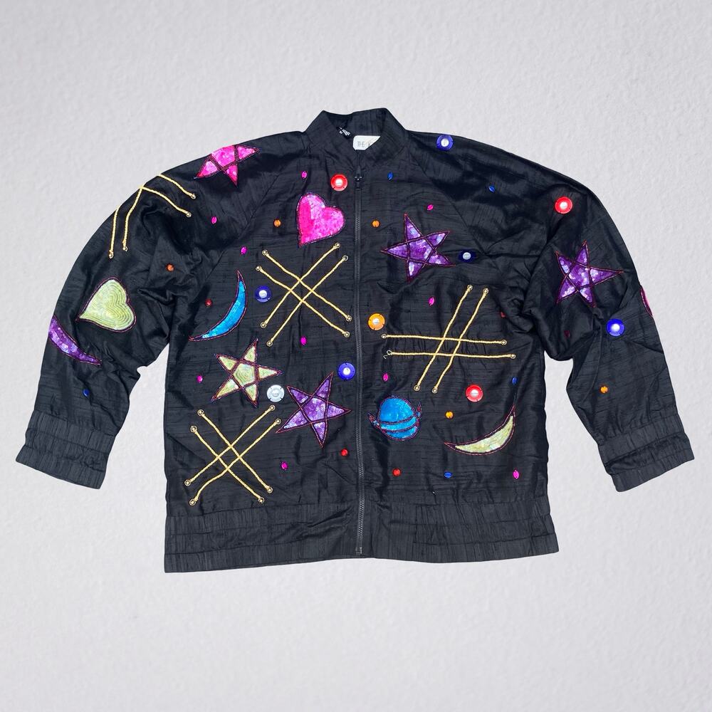 Vintage celestial sequin embellished jacket, star moon planets hearts whimsigoth